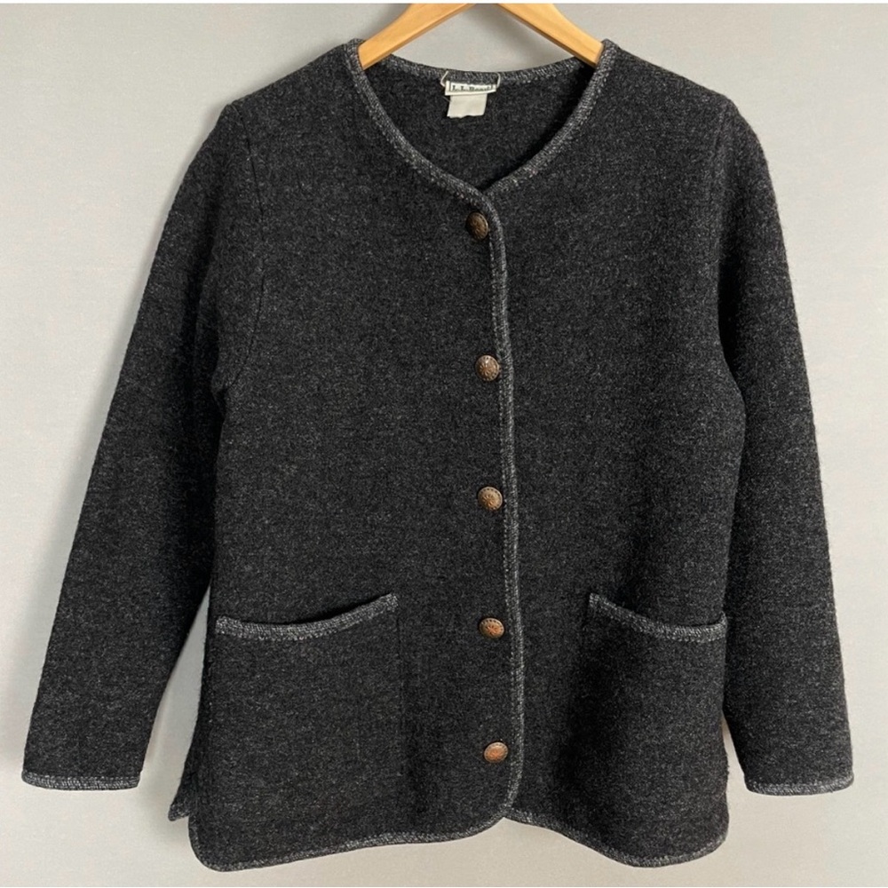 Vintage LL Bean‎ Wool Cardigan Sweater Jacket Women Dark Gray Felted Button-Up